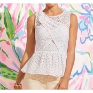 Lilly Pulitzer Diara White Eyelet Cotton Peplum Top Size 4